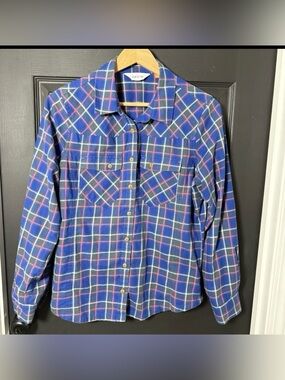 Orvis Blue Plaid Button-Down Shirt with Pink and Green Accents